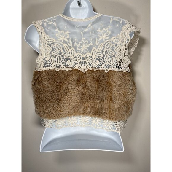 MYSTREE Faux Fur Lace Vest Shrug Brown Cream Boho Hippie Festival Size Small - Picture 3 of 6